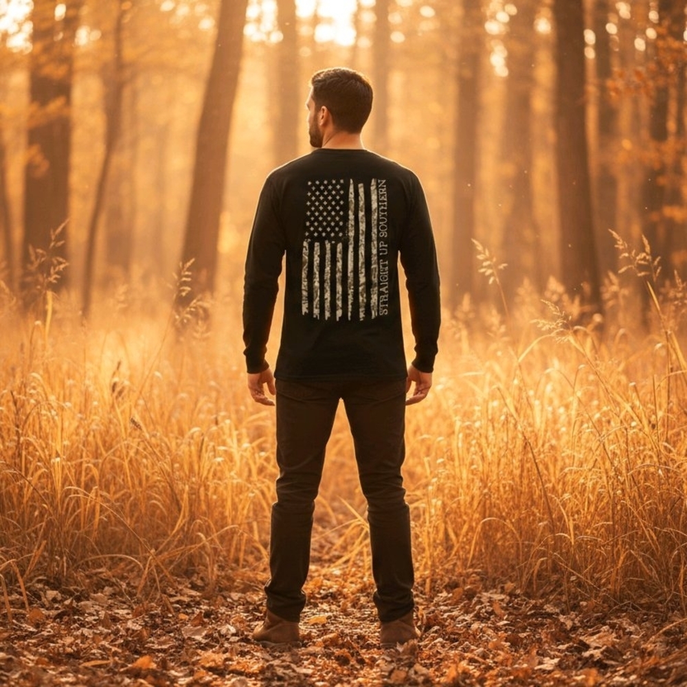 Straight Up Southern Men's Black Long Sleeve T-Shirt - 'Camo Flag' Design